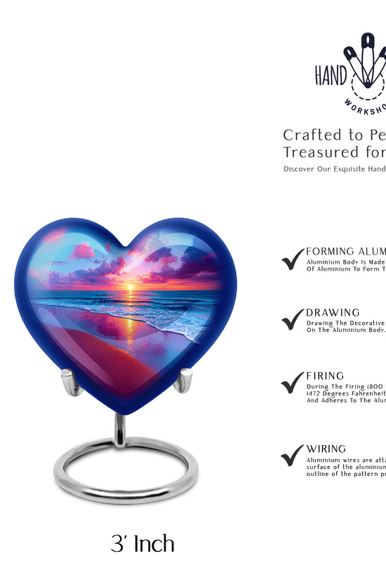 Bright Blue Beach Cremation Urn front view showing detailed design - romantic heart urn with beach motif on aluminum - mini keepsake memorial for portion of cremation ashes