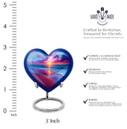Bright Blue Beach Cremation Urn front view showing detailed design - romantic heart urn with beach motif on aluminum - mini keepsake memorial for portion of cremation ashes