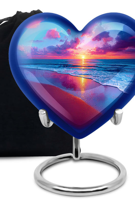 Celestial Blue Beach Cremation Urn detail view - loving heart memorial featuring beach pattern - full-size 10 inch 200 cubic inch adult cremation urn