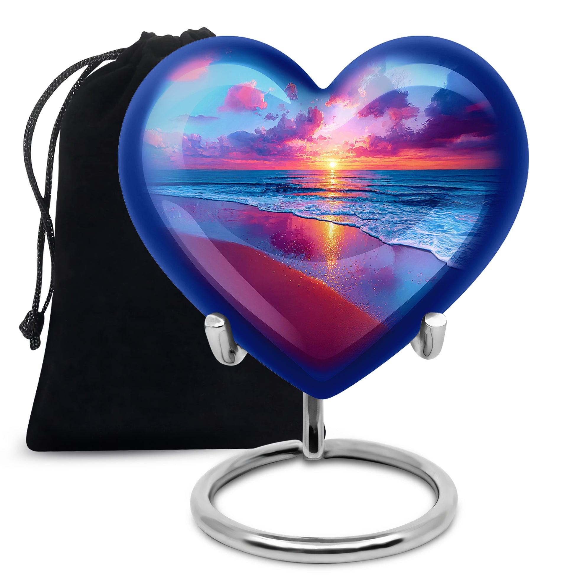 Celestial Blue Beach Cremation Urn detail view - loving heart memorial featuring beach pattern - full-size 10 inch 200 cubic inch adult cremation urn