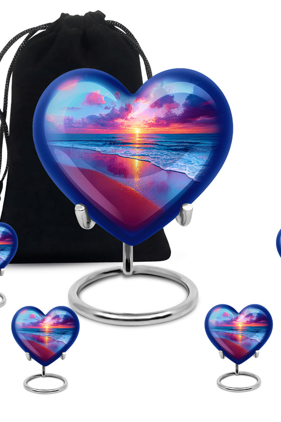 Serene Blue Beach Cremation Urn close-up of engraving and surface detail - compassionate heart-beach combination with gentle curves - memorial set with one large and four small urns
