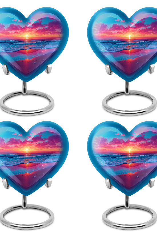 Pastel Blue Beach Cremation Urn angled view of lid and engraved motif - heart-shaped beach design symbolizing eternal love - 10 inch aluminum urn for cremated remains
