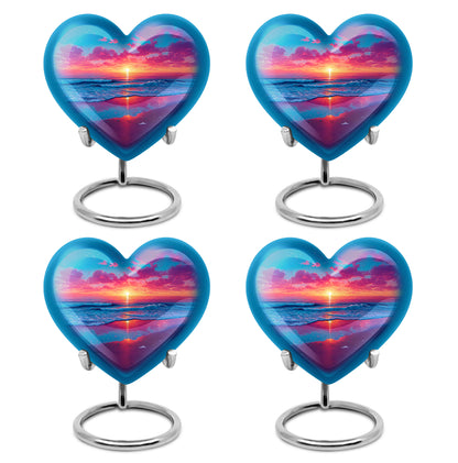 Pastel Blue Beach Cremation Urn angled view of lid and engraved motif - heart-shaped beach design symbolizing eternal love - 10 inch aluminum urn for cremated remains
