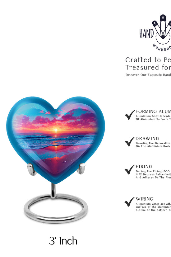 Misty Blue Beach Cremation Urn front view showing detailed design - heart-shaped beach design symbolizing eternal love - mini keepsake memorial for portion of cremation ashes