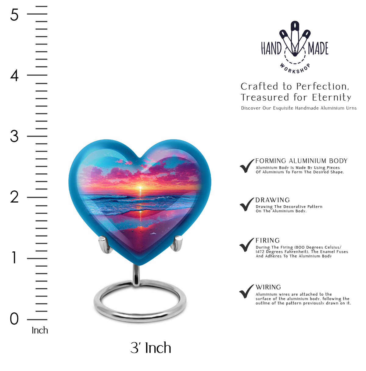 Misty Blue Beach Cremation Urn front view showing detailed design - heart-shaped beach design symbolizing eternal love - mini keepsake memorial for portion of cremation ashes