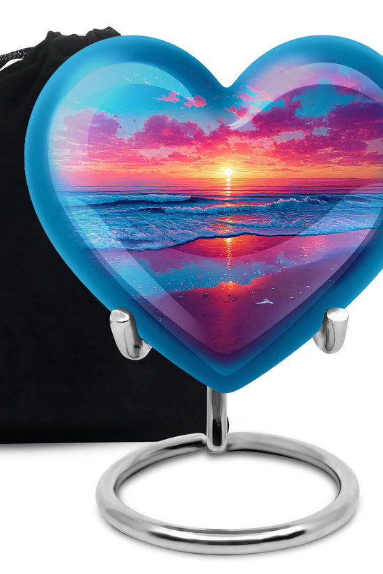 Serene Blue Beach Cremation Urn detail view - compassionate heart-beach combination with gentle curves - full-size 10 inch 200 cubic inch adult cremation urn