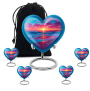 Azure Beach Cremation Urn close-up of engraving and surface detail - heart-shaped beach design symbolizing eternal love - memorial set with one large and four small urns