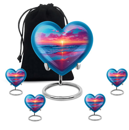 Azure Beach Cremation Urn close-up of engraving and surface detail - heart-shaped beach design symbolizing eternal love - memorial set with one large and four small urns