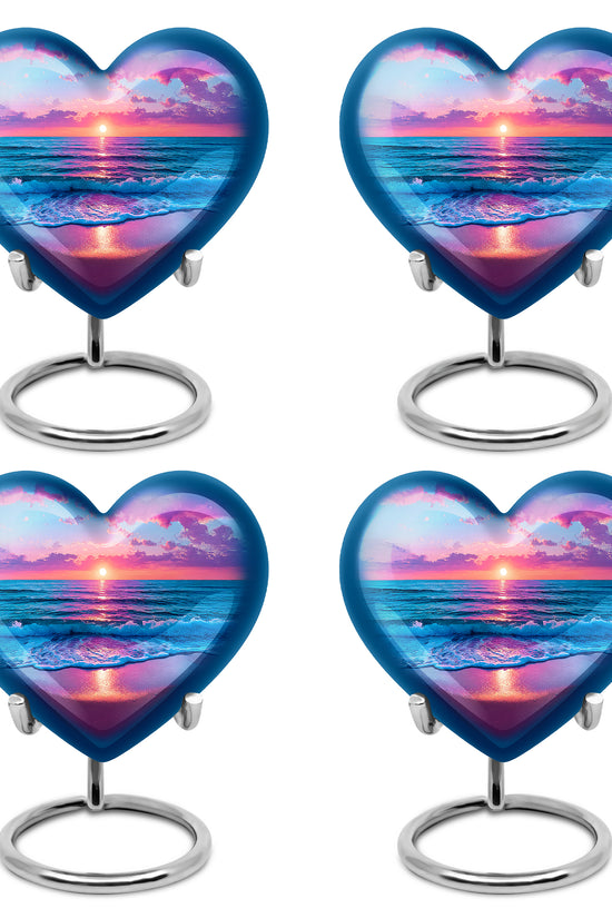 Calming Blue Beach Cremation Urn angled view of lid and engraved motif - romantic heart urn with beach motif on aluminum - 10 inch aluminum urn for cremated remains