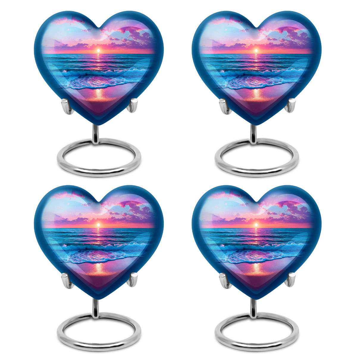 Calming Blue Beach Cremation Urn angled view of lid and engraved motif - romantic heart urn with beach motif on aluminum - 10 inch aluminum urn for cremated remains