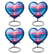Calming Blue Beach Cremation Urn angled view of lid and engraved motif - romantic heart urn with beach motif on aluminum - 10 inch aluminum urn for cremated remains