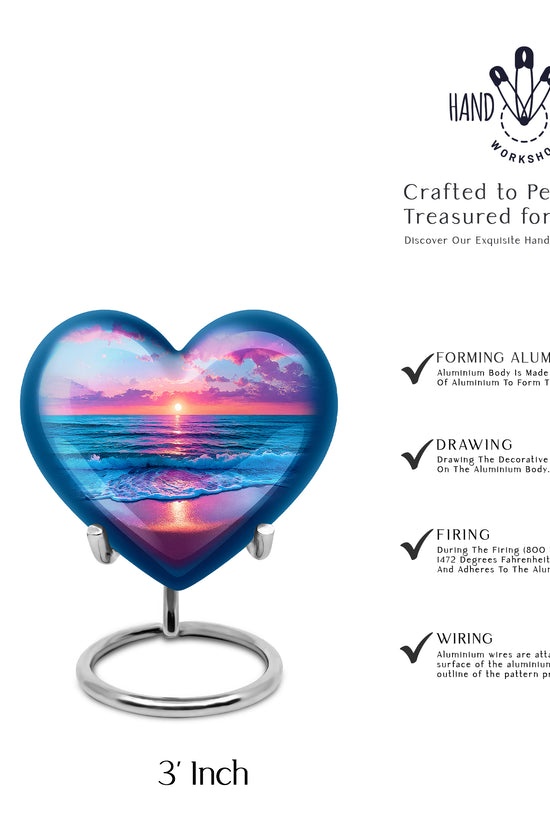 Sky Blue Beach Cremation Urn front view showing detailed design - loving heart memorial featuring beach pattern - mini keepsake memorial for portion of cremation ashes