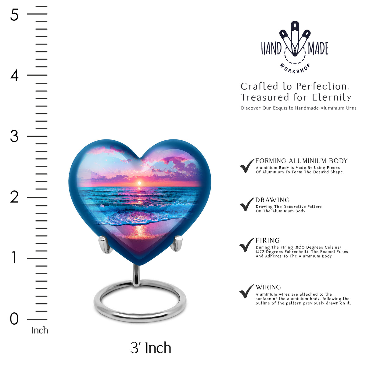 Sky Blue Beach Cremation Urn front view showing detailed design - loving heart memorial featuring beach pattern - mini keepsake memorial for portion of cremation ashes