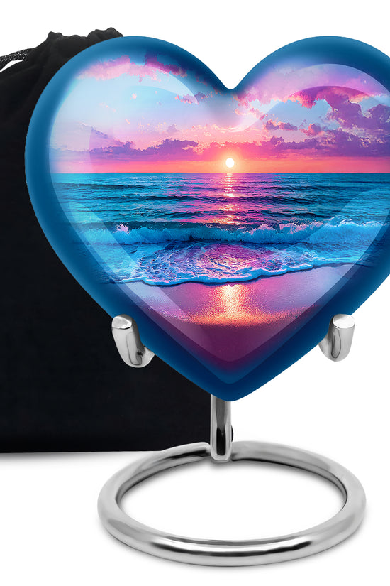 Vivid Blue Beach Cremation Urn detail view - romantic heart urn with beach motif on aluminum - full-size 10 inch 200 cubic inch adult cremation urn