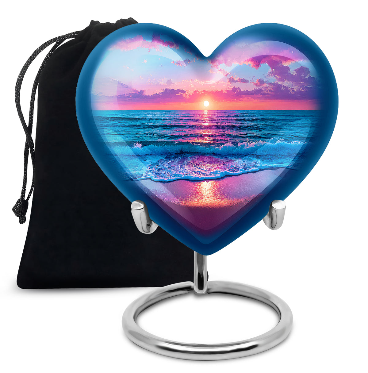 Vivid Blue Beach Cremation Urn detail view - romantic heart urn with beach motif on aluminum - full-size 10 inch 200 cubic inch adult cremation urn