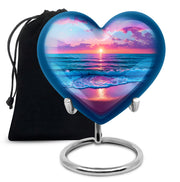 Vivid Blue Beach Cremation Urn detail view - romantic heart urn with beach motif on aluminum - full-size 10 inch 200 cubic inch adult cremation urn