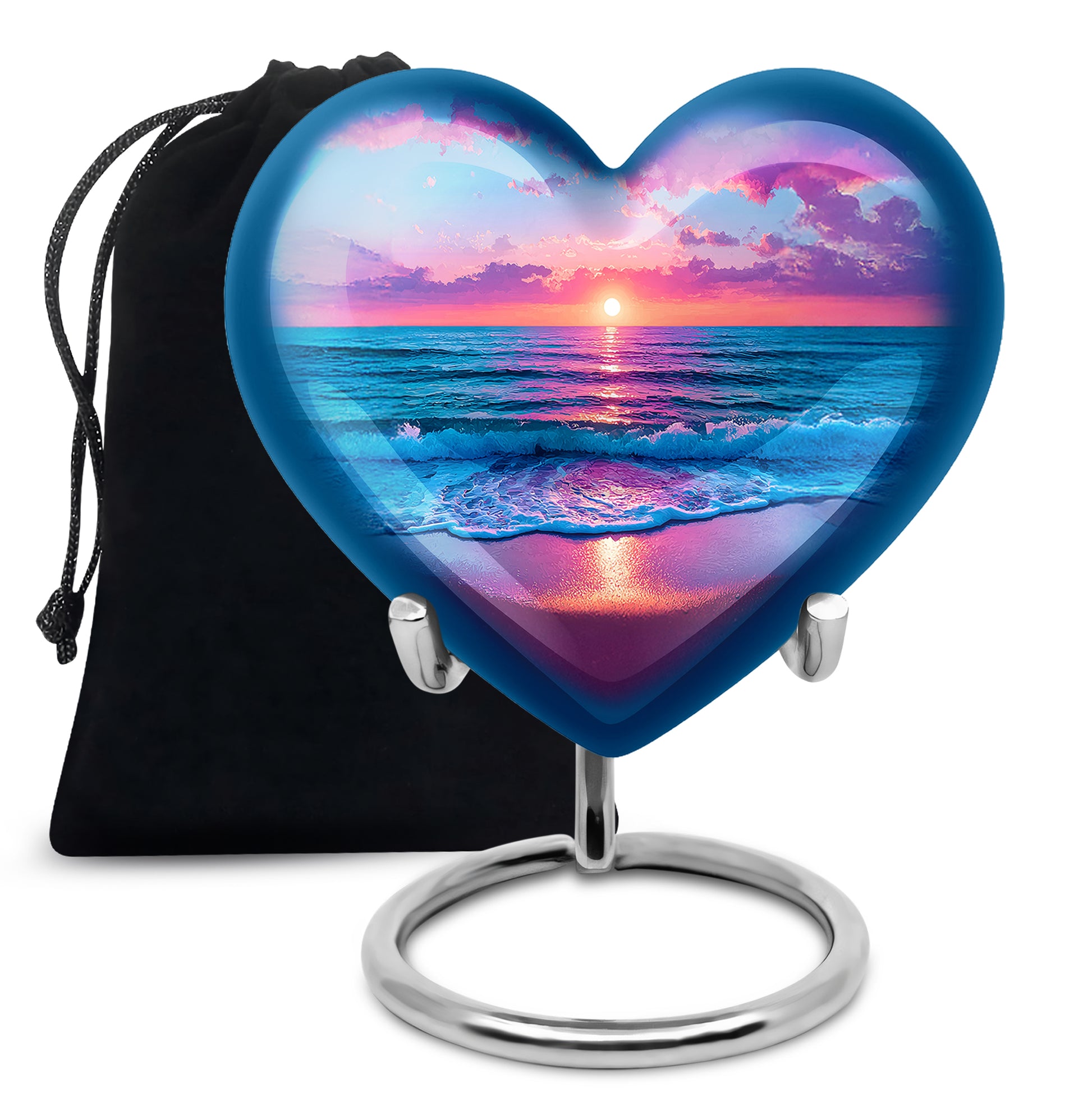 Vivid Blue Beach Cremation Urn detail view - romantic heart urn with beach motif on aluminum - full-size 10 inch 200 cubic inch adult cremation urn