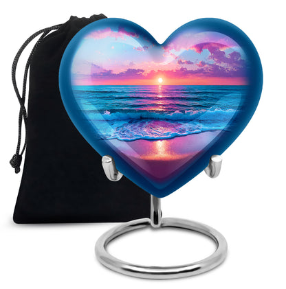 Vivid Blue Beach Cremation Urn detail view - romantic heart urn with beach motif on aluminum - full-size 10 inch 200 cubic inch adult cremation urn