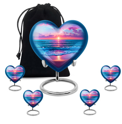 Sapphire Blue Beach Cremation Urn close-up of engraving and surface detail - romantic heart urn with beach motif on aluminum - memorial set with one large and four small urns