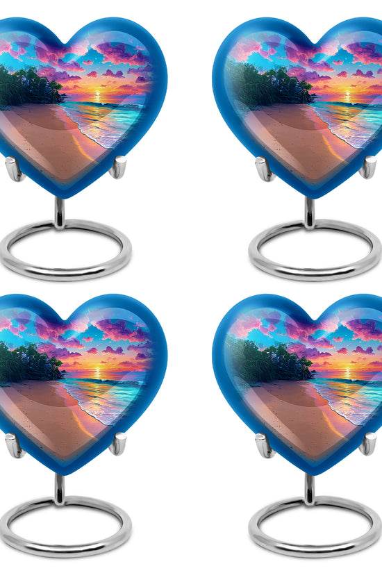 Azure Beach Cremation Urn angled view of lid and engraved motif - loving heart memorial featuring beach pattern - 10 inch aluminum urn for cremated remains