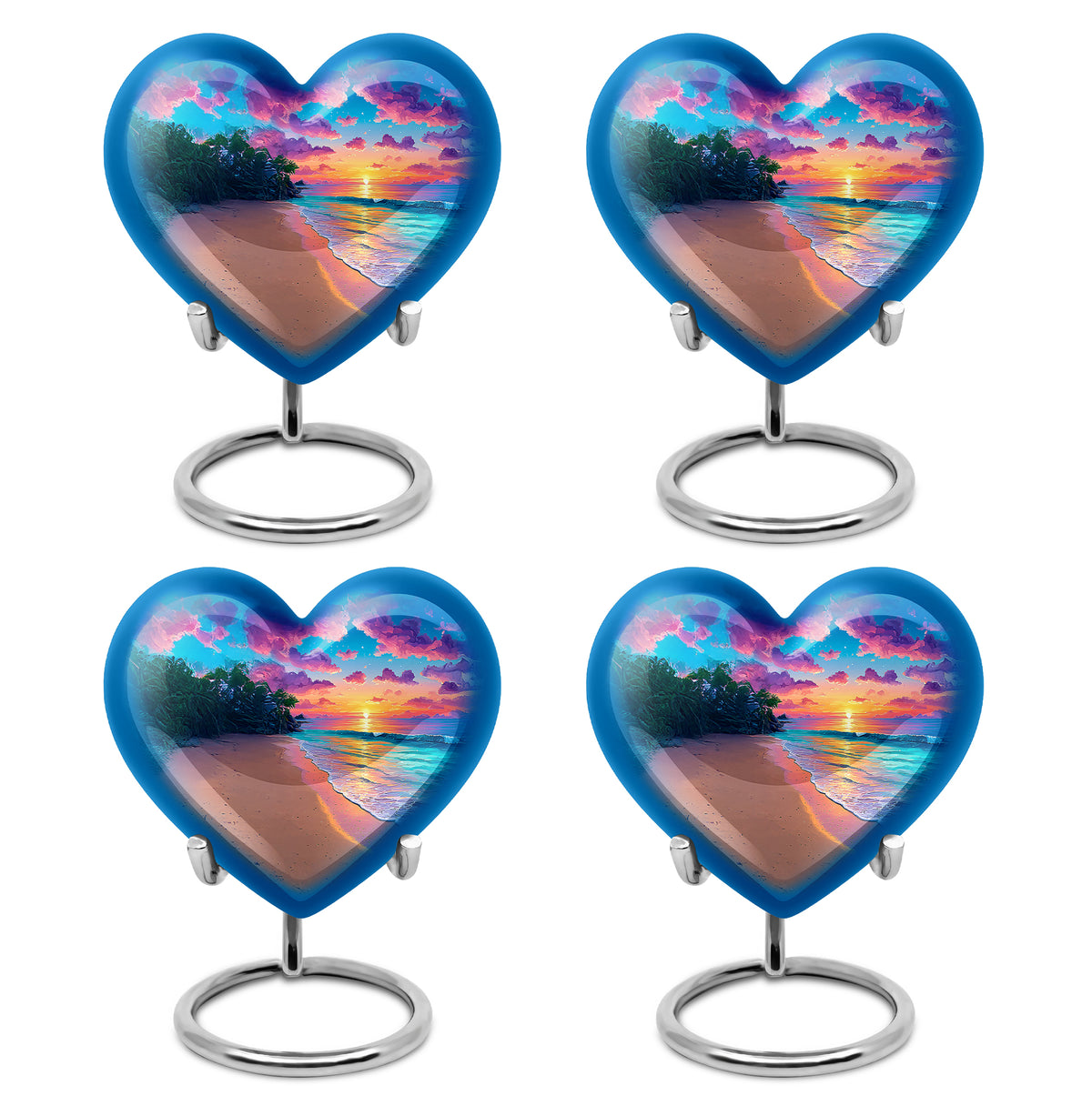 Azure Beach Cremation Urn angled view of lid and engraved motif - loving heart memorial featuring beach pattern - 10 inch aluminum urn for cremated remains