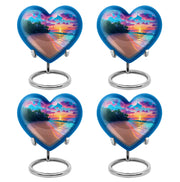 Azure Beach Cremation Urn angled view of lid and engraved motif - loving heart memorial featuring beach pattern - 10 inch aluminum urn for cremated remains