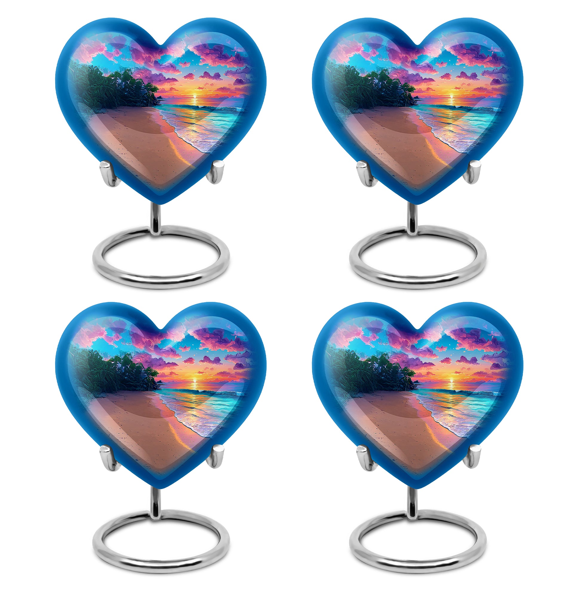 Azure Beach Cremation Urn angled view of lid and engraved motif - loving heart memorial featuring beach pattern - 10 inch aluminum urn for cremated remains