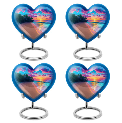 Azure Beach Cremation Urn angled view of lid and engraved motif - loving heart memorial featuring beach pattern - 10 inch aluminum urn for cremated remains