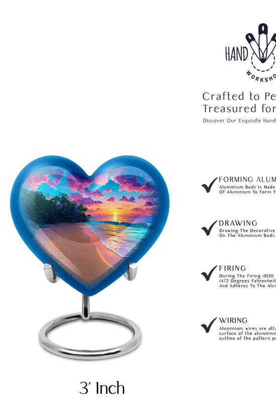 Steel Blue Beach Cremation Urn front view showing detailed design - compassionate heart-beach combination with gentle curves - mini keepsake memorial for portion of cremation ashes