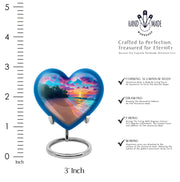 Steel Blue Beach Cremation Urn front view showing detailed design - compassionate heart-beach combination with gentle curves - mini keepsake memorial for portion of cremation ashes