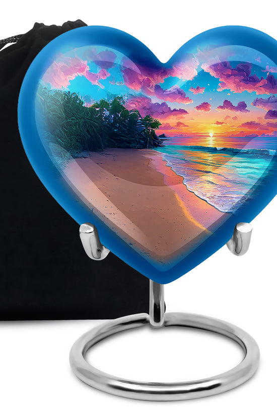 Pastel Blue Beach Cremation Urn detail view - loving heart memorial featuring beach pattern - full-size 10 inch 200 cubic inch adult cremation urn