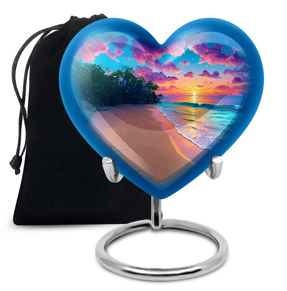 Pastel Blue Beach Cremation Urn detail view - loving heart memorial featuring beach pattern - full-size 10 inch 200 cubic inch adult cremation urn