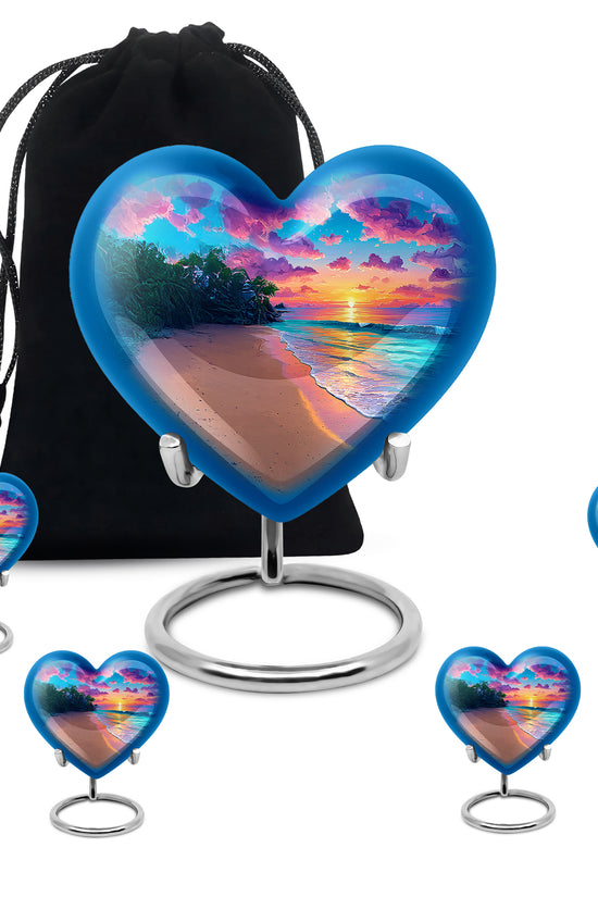 Steel Blue Beach Cremation Urn close-up of engraving and surface detail - romantic heart urn with beach motif on aluminum - memorial set with one large and four small urns