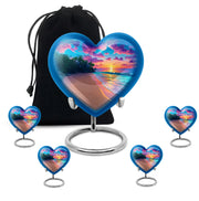 Steel Blue Beach Cremation Urn close-up of engraving and surface detail - romantic heart urn with beach motif on aluminum - memorial set with one large and four small urns