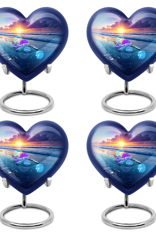 Twilight Blue Beach Cremation Urn angled view of lid and engraved motif - compassionate heart-beach combination with gentle curves - 10 inch aluminum urn for cremated remains