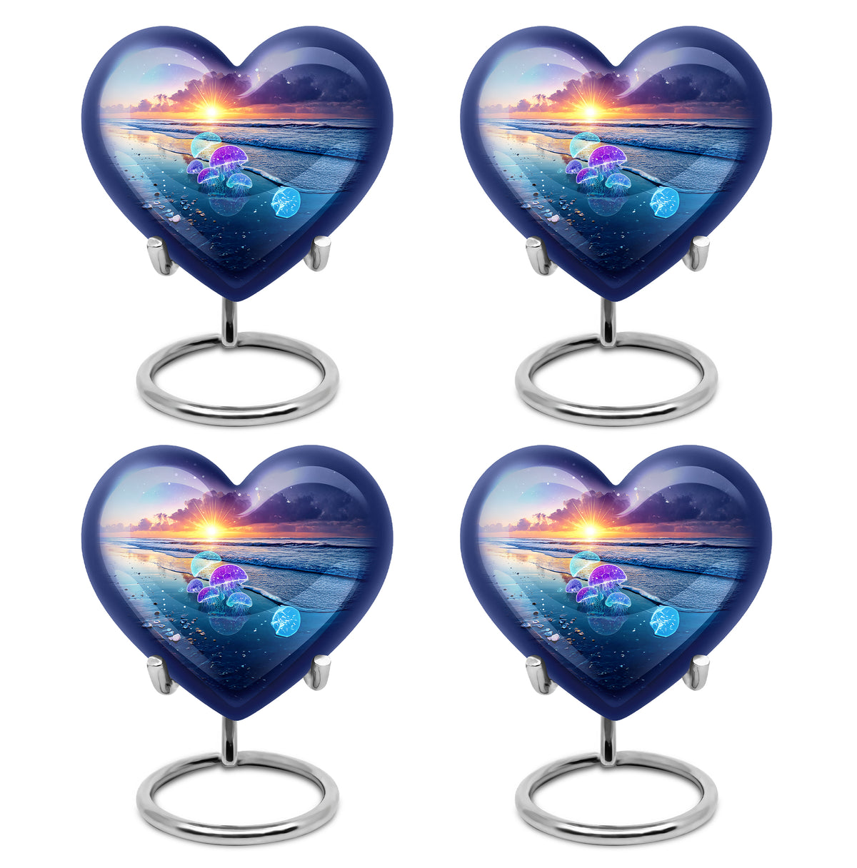 Twilight Blue Beach Cremation Urn angled view of lid and engraved motif - compassionate heart-beach combination with gentle curves - 10 inch aluminum urn for cremated remains