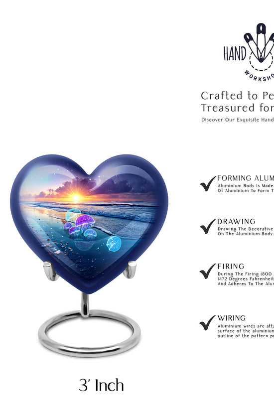 Icy Blue Beach Cremation Urn front view showing detailed design - loving heart memorial featuring beach pattern - mini keepsake memorial for portion of cremation ashes
