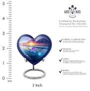 Icy Blue Beach Cremation Urn front view showing detailed design - loving heart memorial featuring beach pattern - mini keepsake memorial for portion of cremation ashes