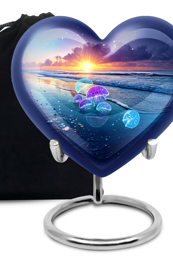 Bright Blue Beach Cremation Urn detail view - compassionate heart-beach combination with gentle curves - full-size 10 inch 200 cubic inch adult cremation urn