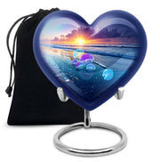 Bright Blue Beach Cremation Urn detail view - compassionate heart-beach combination with gentle curves - full-size 10 inch 200 cubic inch adult cremation urn