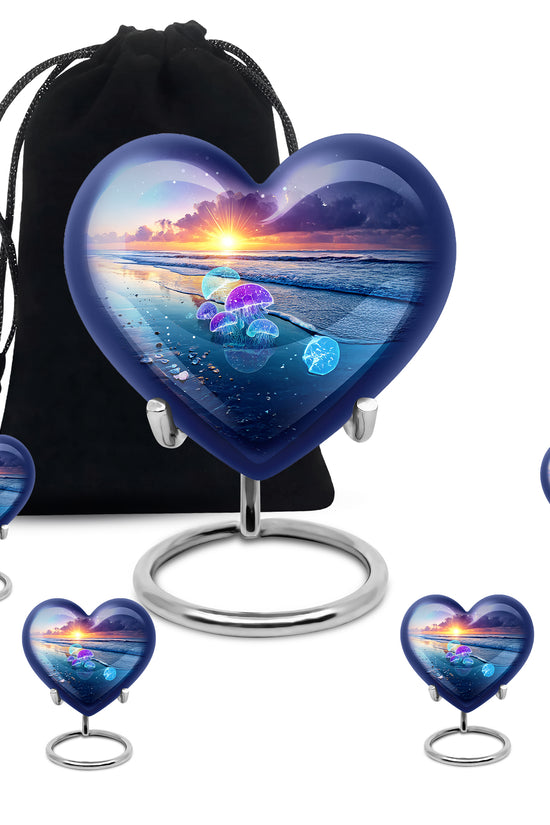 Calming Blue Beach Cremation Urn close-up of engraving and surface detail - romantic heart urn with beach motif on aluminum - memorial set with one large and four small urns