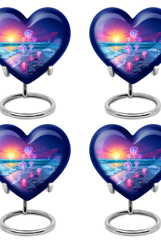 Serene Blue Beach Cremation Urn angled view of lid and engraved motif - compassionate heart-beach combination with gentle curves - 10 inch aluminum urn for cremated remains