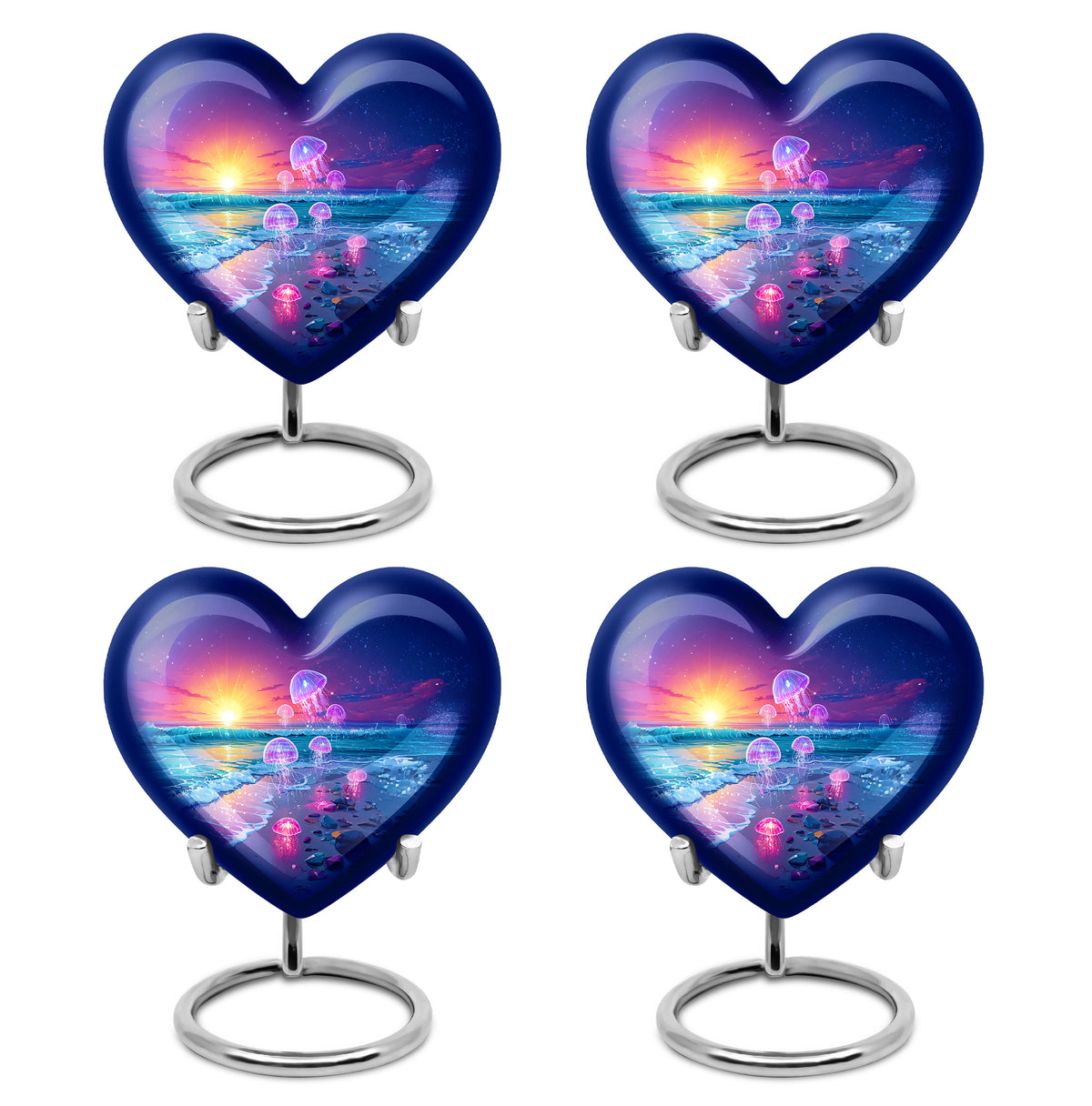Serene Blue Beach Cremation Urn angled view of lid and engraved motif - compassionate heart-beach combination with gentle curves - 10 inch aluminum urn for cremated remains