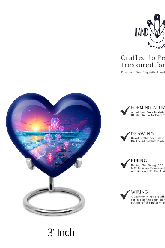 Calming Blue Beach Cremation Urn front view showing detailed design - romantic heart urn with beach motif on aluminum - mini keepsake memorial for portion of cremation ashes