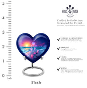 Calming Blue Beach Cremation Urn front view showing detailed design - romantic heart urn with beach motif on aluminum - mini keepsake memorial for portion of cremation ashes