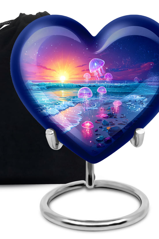 Calming Blue Beach Cremation Urn detail view - compassionate heart-beach combination with gentle curves - full-size 10 inch 200 cubic inch adult cremation urn
