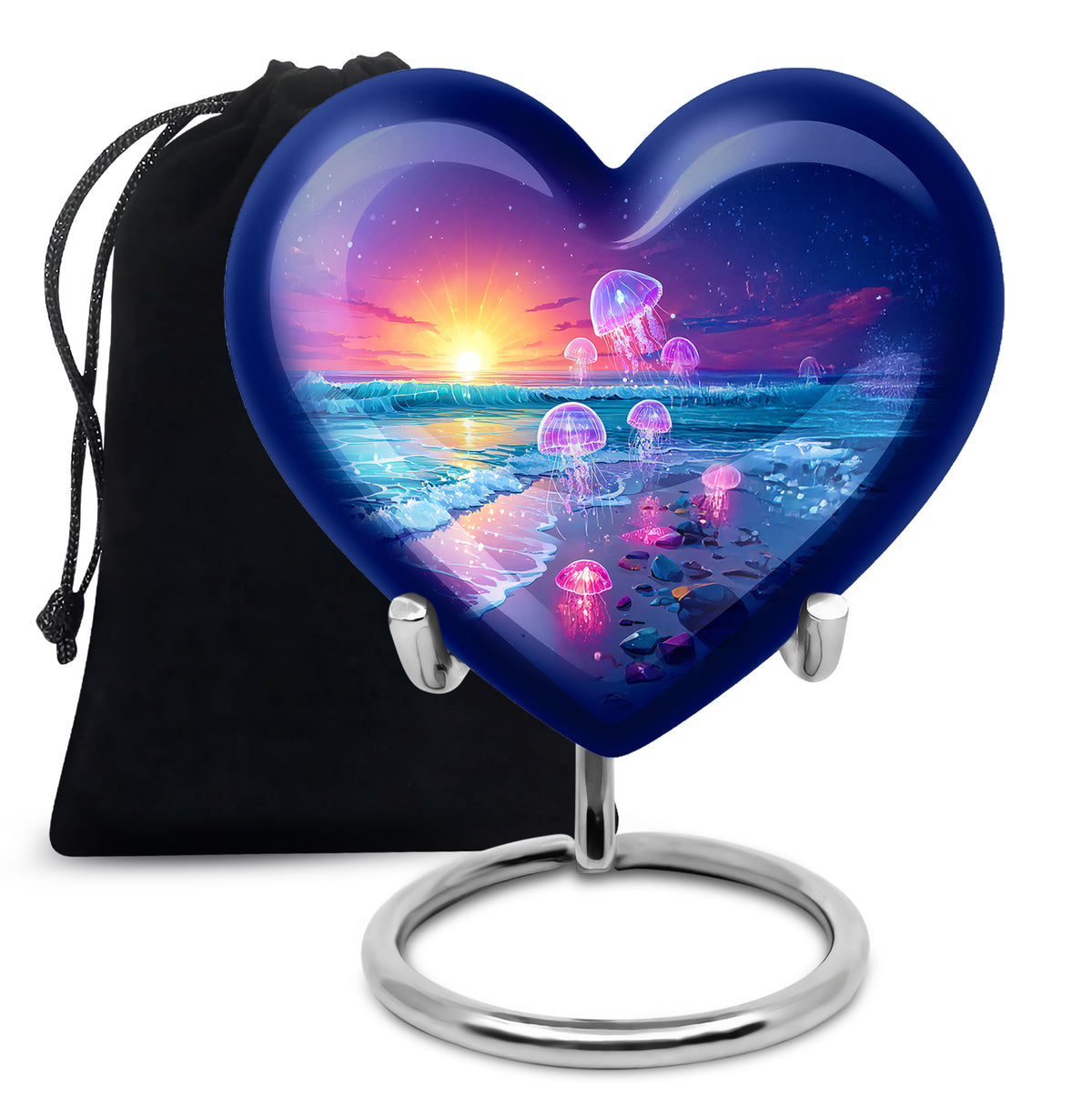 Calming Blue Beach Cremation Urn detail view - compassionate heart-beach combination with gentle curves - full-size 10 inch 200 cubic inch adult cremation urn