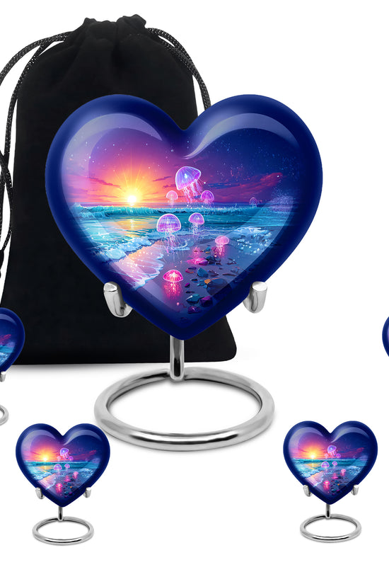 Celestial Blue Beach Cremation Urn close-up of engraving and surface detail - loving heart memorial featuring beach pattern - memorial set with one large and four small urns