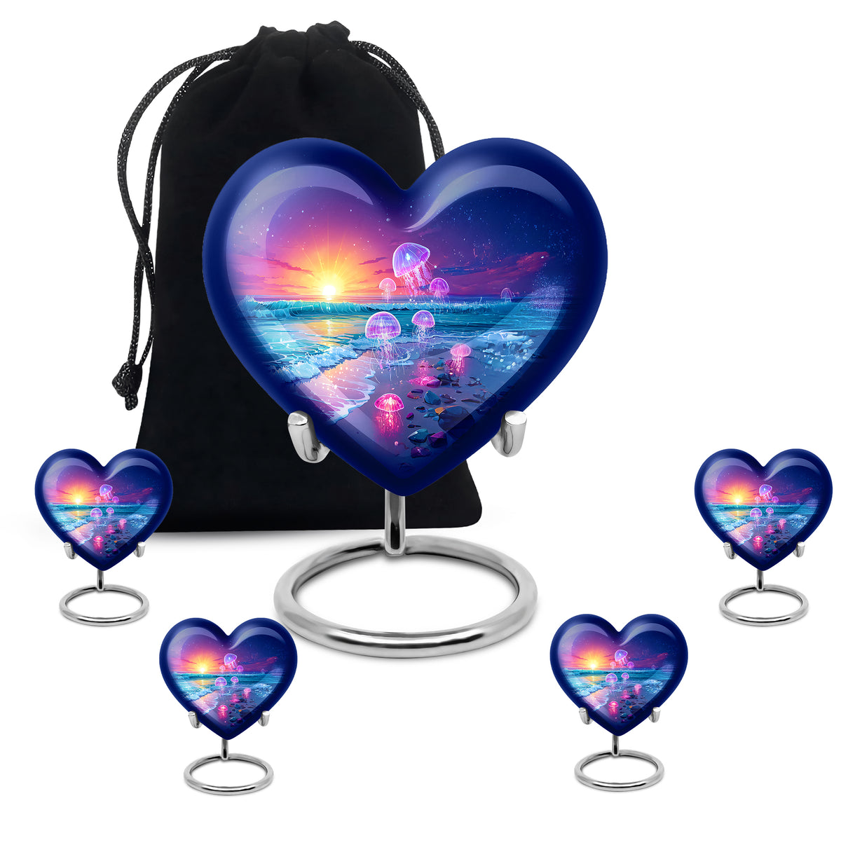 Celestial Blue Beach Cremation Urn close-up of engraving and surface detail - loving heart memorial featuring beach pattern - memorial set with one large and four small urns