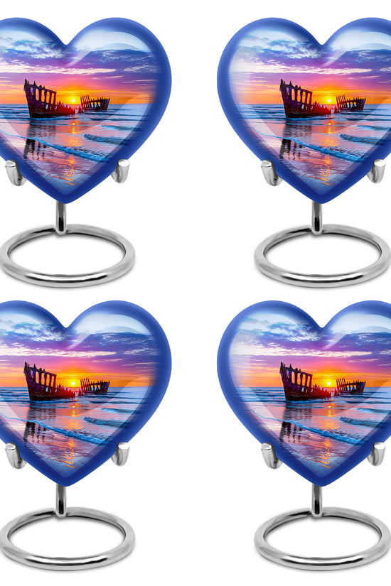 Slate Blue Beach Cremation Urn angled view of lid and engraved motif - loving heart memorial featuring beach pattern - 10 inch aluminum urn for cremated remains